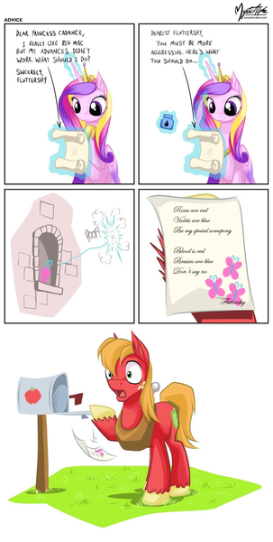 Size: 1100x2178 | Tagged: safe, artist:mysticalpha, derpibooru import, big macintosh, fluttershy, princess cadance, earth pony, pony, comic, female, fluttermac, fluttershy's letter, mail, male, meme, overly attached girlfriend, shipping, stallion, straight