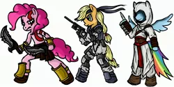 Size: 3444x1728 | Tagged: applejack, assassin's creed, derpibooru import, god of war, konami, metal gear, pinkie pie, rainbow dash, semi-grimdark, weapon