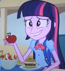 Size: 923x1001 | Tagged: safe, derpibooru import, screencap, twilight sparkle, equestria girls, equestria girls (movie), apple, burger, face, food, hamburger, lip bite, salad, solo