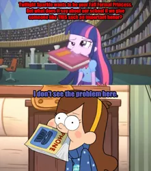 Size: 500x565 | Tagged: safe, derpibooru import, edit, edited screencap, screencap, twilight sparkle, equestria girls, equestria girls (movie), berk, bianca alencar, brazil, gravity falls, land before swine, mabel pines, mouth hold, voice actor joke