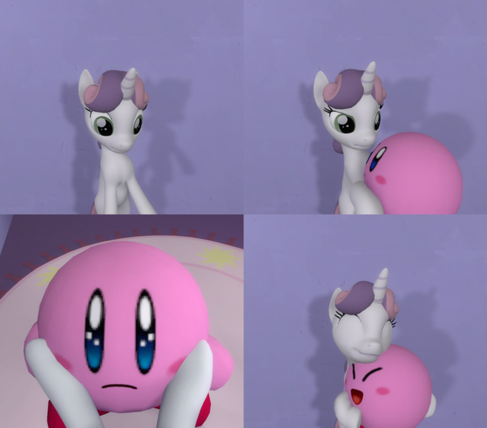 Size: 952x838 | Tagged: 3d, artist:pika-robo, crossover, cute, derpibooru import, exploitable meme, gmod, kirby, meme, nintendo, obligatory pony, safe, sweetie belle, sweetie hugs a note, sweetie's note meme