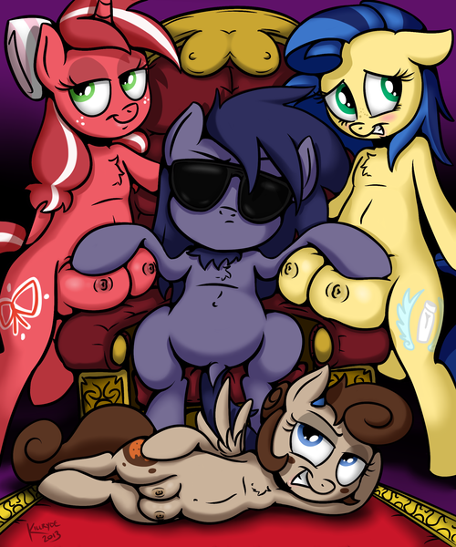 Size: 2000x2400 | Tagged: questionable, artist:killryde, derpibooru import, oc, oc:cookie dough, oc:cookie dough (trottingham), oc:killryde, oc:milky way, oc:red ribbon, unofficial characters only, earth pony, pegasus, pony, unicorn, beard, big crotchboobs, blushing, chest fluff, crotchboobs, draw me like one of your french girls, facial hair, female, freckles, grin, grope, harem, huge crotchboobs, impossibly large crotchboobs, mare, nipples, nudity, pimp, smiling, spread wings, sunglasses, wings