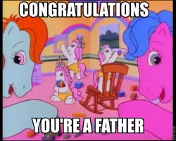 Size: 600x480 | Tagged: safe, derpibooru import, edit, edited screencap, screencap, bright eyes, melody, pony, my little pony tales, shop talk, baby, baby pony, caption, g1, peaches, roflbot, you're the father