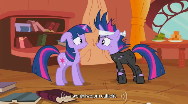 Size: 640x355 | Tagged: caption, catholicism, cut, derpibooru import, edit, edited screencap, future twilight, golden oaks library, it's about time, meme, safe, screencap, twilight sparkle, youtube caption