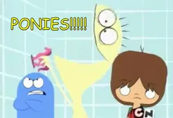 Size: 1526x1036 | Tagged: barely pony related, bloo (foster's), cartoon network, cheese (foster's home for imaginary friends), comic sans, derpibooru import, foster's home for imaginary friends, mac, mac (foster's), microcosm, reaction image, safe, text