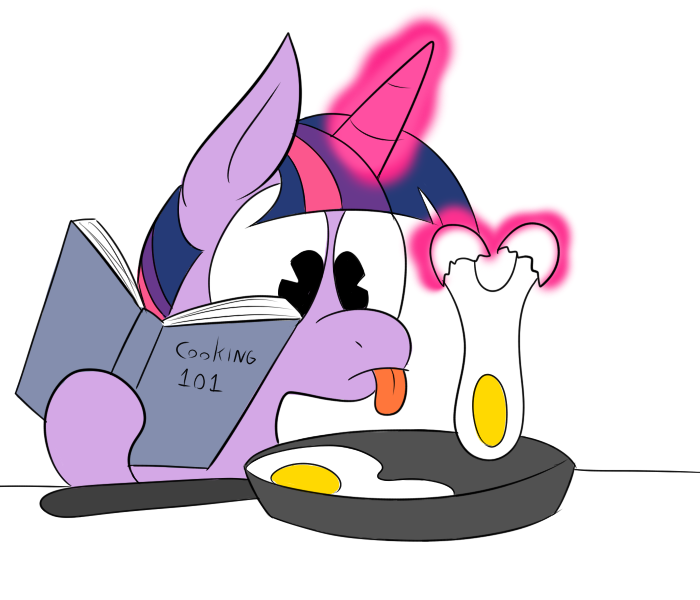 Size: 700x600 | Tagged: artist:karpet-shark, cooking, derpibooru import, egg (food), food, frying pan, safe, solo, this will end in tears and/or breakfast, twilight sparkle, twily-daily
