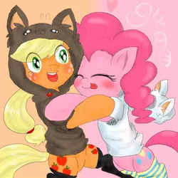 Size: 500x500 | Tagged: applecat, applejack, artist:wonton soup, cat, cat hoodie, cat's pajamas, clothes, costume, derpibooru import, glomp, hoodie, hug, kigurumi, pajamas, pinkie pie, safe, socks, striped socks