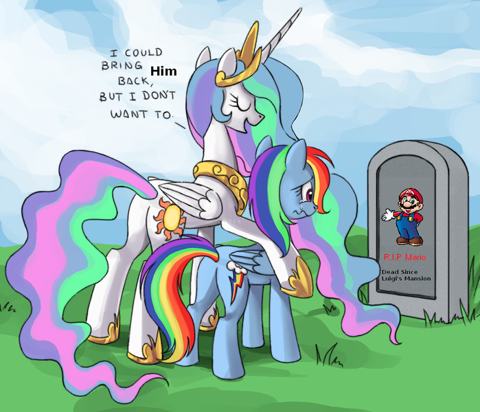 Size: 1105x949 | Tagged: safe, derpibooru import, princess celestia, rainbow dash, alicorn, pegasus, pony, bitchlestia, butt, celestia's grave meme, crossover, crying, exploitable meme, female, grave, implied death, luigi's mansion, mare, mario, meme, plot, super mario bros.