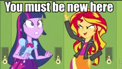 Size: 600x339 | Tagged: safe, derpibooru import, sunset shimmer, twilight sparkle, equestria girls, equestria girls (movie), caption, image macro, text, you must be new here