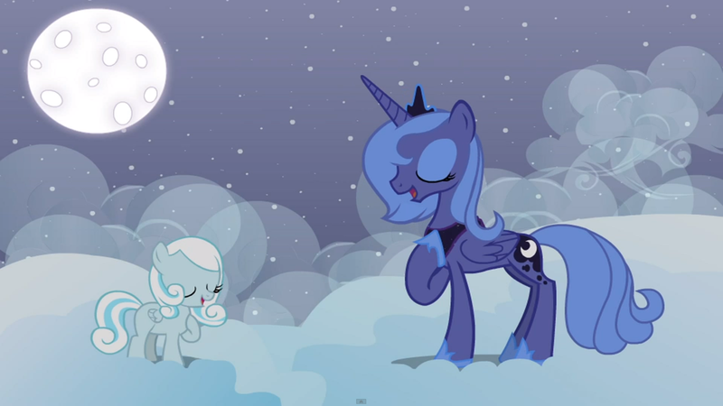 Size: 1920x1080 | Tagged: safe, artist:nyanrose, derpibooru import, screencap, princess luna, oc, oc:snowdrop, alicorn, pegasus, pony, snowdrop (animation), cloud, cloudy, cute, hnnng, moon, s1 luna