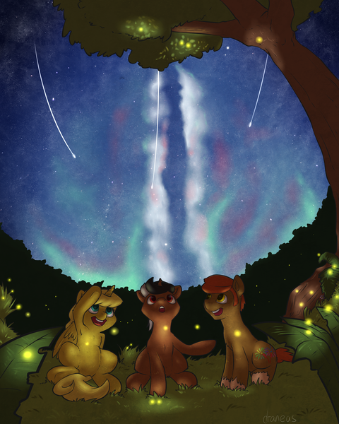 Size: 4000x5000 | Tagged: safe, artist:draneas, derpibooru import, oc, oc:color boom, oc:star sparkler, oc:ticket, unofficial characters only, alicorn, firefly (insect), insect, pony, absurd resolution, alicorn oc, galaxy, horn, night, shooting stars, ticketsparkler, wings