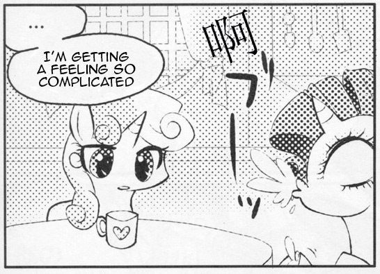 Size: 546x395 | Tagged: safe, derpibooru import, rarity, sweetie belle, pony, unicorn, ..., abaj, chinese text, duwang, exploitable meme, female, japanese, jojo's bizarre adventure, many many pony, meme, monochrome, mug, spit take