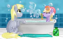 Size: 1024x627 | Tagged: safe, artist:sandy--apples, derpibooru import, derpy hooves, dinky hooves, pegasus, pony, unicorn, bath, bathtub, blowing bubbles, cute, equestria's best daughter, equestria's best mother, female, filly, magic, mare