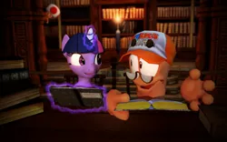 Size: 1680x1050 | Tagged: 3d, artist:wallytheworm, boggy b, book, derpibooru import, gmod, library, magic, reading, safe, super mario bros., toad (mario bros), twilight sparkle, when you see it, worms (video game)