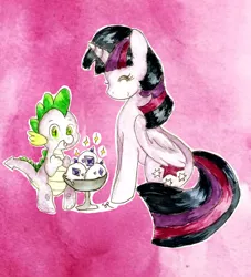 Size: 1000x1103 | Tagged: safe, artist:chiuuchiuu, derpibooru import, spike, twilight sparkle, twilight sparkle (alicorn), alicorn, pony, female, mare, traditional art