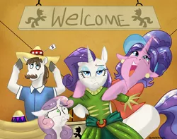 Size: 2000x1576 | Tagged: artist:quinepeather, clothes, cookie crumbles, cookieflanks, derpibooru import, dress, dressup, family, female, hondo flanks, male, rarity, rarity's parents, safe, shipping, shopping, sombrero, straight, sweetie belle, unamused