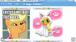 Size: 1136x640 | Tagged: applecat, applejack, cat, cat's pajamas, clothes, costume, dashface, derpibooru, derpibooru import, exploitable meme, juxtaposition, juxtaposition win, kigurumi, meme, meta, safe, vulgar