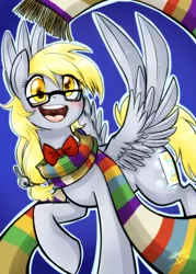 Size: 1280x1792 | Tagged: safe, artist:jitterbugjive, derpibooru import, derpy hooves, pegasus, pony, lovestruck derpy, blushing, bow, bowtie, clothes, doctor derpy, doctor who, female, fourth doctor's scarf, glasses, happy, key, mare, scarf, solo, the derptor