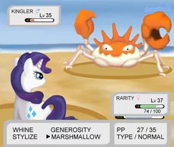 Size: 1300x1098 | Tagged: artist:cambalt, crab, crossover, derpibooru import, fight, food, giant crab, kingler, marshmallow, pokémon, rarity, rarity fighting a giant crab, rarity is a marshmallow, safe