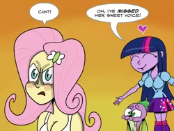 Size: 500x375 | Tagged: safe, artist:catfood-mcfly, derpibooru import, fluttershy, spike, twilight sparkle, dog, equestria girls, equestria girls (movie), angry, breasts, busty twilight sparkle, cleavage, female, frown, heart, incestria girls, parody, speech bubble, spike the dog, vulgar