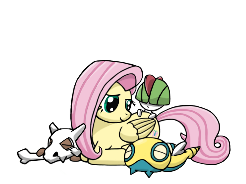 Size: 1024x768 | Tagged: artist:thekassyk, crossover, cubone, derpibooru import, dunsparce, fluttershy, pokémon, ralts, safe