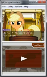 Size: 286x465 | Tagged: accusation, ace attorney, applejack, court, derpibooru import, no$gba, not cropped, safe, solo, trial