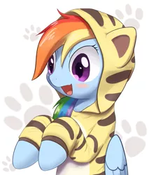 Size: 681x800 | Tagged: safe, artist:aymint, derpibooru import, rainbow dash, big cat, cat, pegasus, pony, tiger, animal costume, blush sticker, blushing, cat hoodie, cat's pajamas, clothes, costume, cute, dashabetes, female, hnnng, hoodie, kigurumi, mare, open mouth, pajamas, pixiv, rainbow cat, simple background, smiling, solo, white background