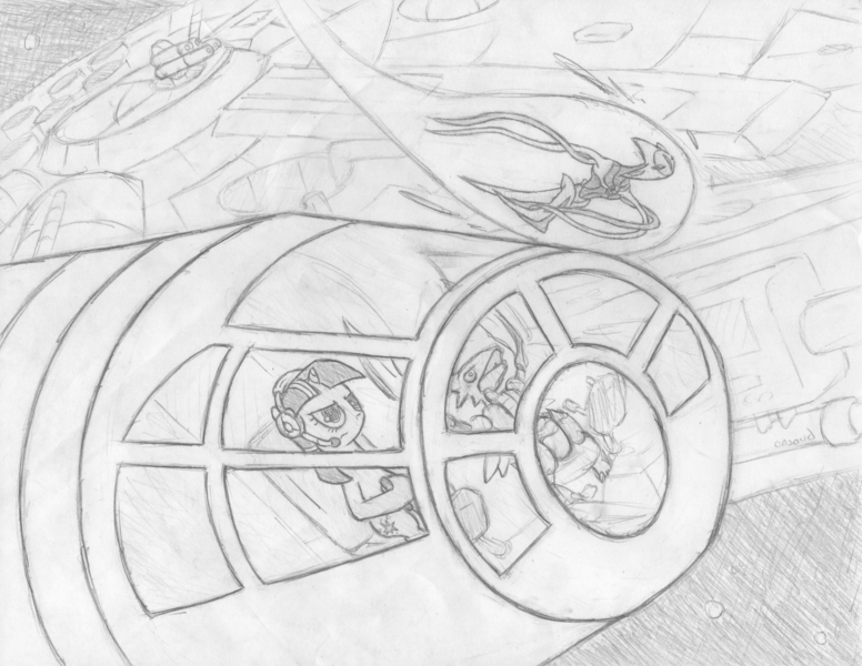 Size: 3260x2519 | Tagged: artist:onsaud, crossover, deoxys, derpibooru import, millenium falcon, monochrome, pokémon, safe, scyther, sketch, star wars, twilight sparkle