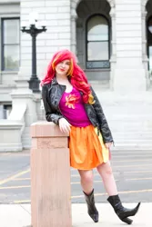 Size: 427x640 | Tagged: ankle boots, artist:lochlan o'neil, boots, clothes, cosplay, costume, derpibooru import, female, high heel boots, human, irl, irl human, jacket, leaning, leather jacket, photo, safe, shoes, solo, sunset shimmer, wig