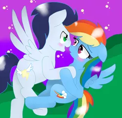 Size: 1024x988 | Tagged: safe, artist:gizemyorganci, derpibooru import, rainbow dash, soarin', blushing, female, male, shipping, soarindash, straight