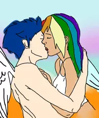 Size: 500x595 | Tagged: safe, artist:maya-lina, derpibooru import, rainbow dash, soarin', human, female, humanized, kissing, male, shipping, soarindash, straight