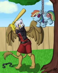 Size: 1000x1250 | Tagged: safe, artist:marindashy, derpibooru import, gilda, rainbow dash, anthro, gryphon, baseball bat, clothes, grin, piñata, smiling