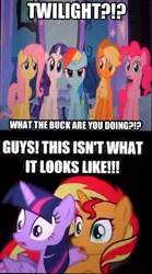 Size: 867x1556 | Tagged: safe, derpibooru import, applejack, fluttershy, pinkie pie, rainbow dash, rarity, sunset shimmer, twilight sparkle, twilight sparkle (alicorn), alicorn, pony, equestria girls, equestria girls (movie), caption, image macro, out of context, text