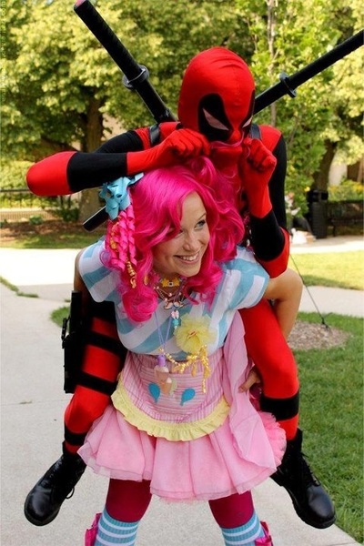 Size: 480x720 | Tagged: artist:chronocrusader5, clothes, cosplay, costume, crossover shipping, deadpool, derpibooru import, female, human, irl, irl human, male, photo, pinkie pie, pinkiepool (pairing), safe, straight