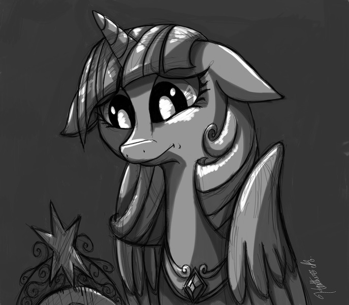 Size: 900x786 | Tagged: safe, artist:random-gal, derpibooru import, twilight sparkle, twilight sparkle (alicorn), alicorn, pony, big crown thingy, bust, element of magic, female, jewelry, mare, monochrome, portrait, regalia, sad, solo