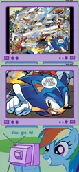 Size: 563x1220 | Tagged: archie comics, crossover, derpibooru import, exploitable meme, megaman, meme, obligatory pony, quick man, rainbow dash, safe, sonic the hedgehog, sonic the hedgehog (series), tv meme, worlds collide