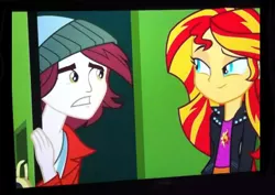 Size: 440x312 | Tagged: safe, derpibooru import, screencap, normal norman, sunset shimmer, equestria girls, equestria girls (movie), >rape, background human, normsun