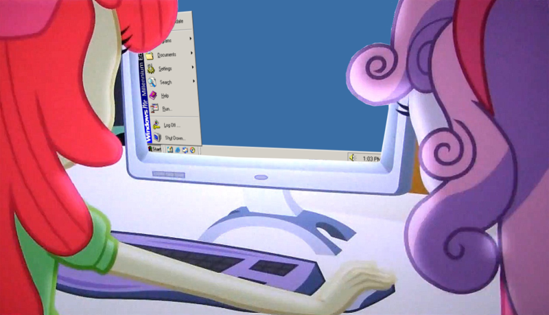 Size: 1256x720 | Tagged: safe, derpibooru import, edit, edited screencap, screencap, apple bloom, sweetie belle, equestria girls, equestria girls (movie), computer, duo, meme, microsoft, obligatory pony, the crusaders browse the internet, windows, windows me