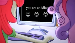 Size: 1256x720 | Tagged: safe, derpibooru import, edit, edited screencap, screencap, apple bloom, sweetie belle, equestria girls, equestria girls (movie), computer, duo, meme, obligatory pony, smiling, the crusaders browse the internet, this will end in tears, virus, youareanidiot.org