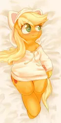 Size: 718x1440 | Tagged: applecat, applejack, artist:masak9, cat's pajamas, clothes, costume, derpibooru import, kigurumi, loose hair, on back, pajamas, safe, solo