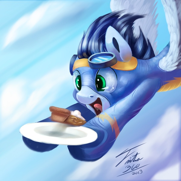 Size: 600x600 | Tagged: artist:tsitra360, clothes, cute, derpibooru import, drool, flying, food, happy, pie, safe, soarin', soarinbetes, solo, that pony sure does love pies, uniform, wonderbolts uniform