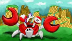 Size: 3032x1706 | Tagged: artist:beaverblast, badnik, crab, crabmeat, crossover, derpibooru import, giant crab, green hill zone, rarity, rarity fighting a giant crab, robot, safe, sonic the hedgehog (series), sword, weapon