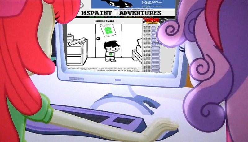 Size: 1256x720 | Tagged: safe, derpibooru import, edit, edited screencap, screencap, apple bloom, sweetie belle, equestria girls, equestria girls (movie), computer, forced meme, homestuck, john egbert, meme, ms paint adventures, obligatory pony, the crusaders browse the internet