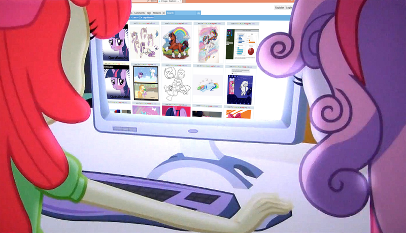 Size: 1256x720 | Tagged: safe, derpibooru import, edit, edited screencap, screencap, apple bloom, sweetie belle, derpibooru, equestria girls, equestria girls (movie), computer, meme, meta, obligatory pony, the crusaders browse the internet