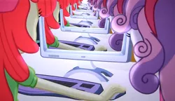 Size: 864x496 | Tagged: safe, derpibooru import, edit, edited screencap, screencap, apple bloom, sweetie belle, equestria girls, equestria girls (movie), computer, crossing the memes, droste effect, duo, exploitable meme, inception, meme, memeception, obligatory pony, recursion, the crusaders browse the internet