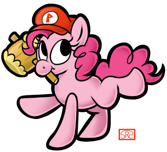 Size: 550x500 | Tagged: artist:srsishere, cap, clothes, cosplay, costume, cute, dead source, derpibooru import, diapinkes, hammer, hat, mario, mario's hat, missing cutie mark, mouth hold, paper mario, pinkie pie, safe, solo, style emulation, super mario bros.