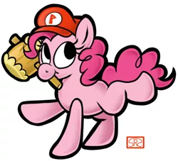 Size: 550x500 | Tagged: artist:srsishere, cap, clothes, cosplay, costume, cute, dead source, derpibooru import, diapinkes, hammer, hat, mario, mario's hat, missing cutie mark, mouth hold, paper mario, pinkie pie, safe, solo, style emulation, super mario bros.