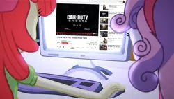 Size: 1256x720 | Tagged: safe, derpibooru import, edit, edited screencap, screencap, apple bloom, sweetie belle, equestria girls, equestria girls (movie), call of duty, call of duty: ghosts, computer, duo, meme, obligatory pony, the crusaders browse the internet, this will end in tears