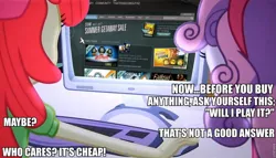 Size: 960x550 | Tagged: safe, derpibooru import, edit, edited screencap, screencap, apple bloom, sweetie belle, equestria girls, equestria girls (movie), computer, duo, meme, obligatory pony, steam, steam (software), the crusaders browse the internet
