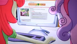 Size: 1256x720 | Tagged: safe, derpibooru import, edit, edited screencap, screencap, apple bloom, sweetie belle, equestria girls, equestria girls (movie), /mlp/, 4chan, computer, duo, meme, obligatory pony, the crusaders browse the internet